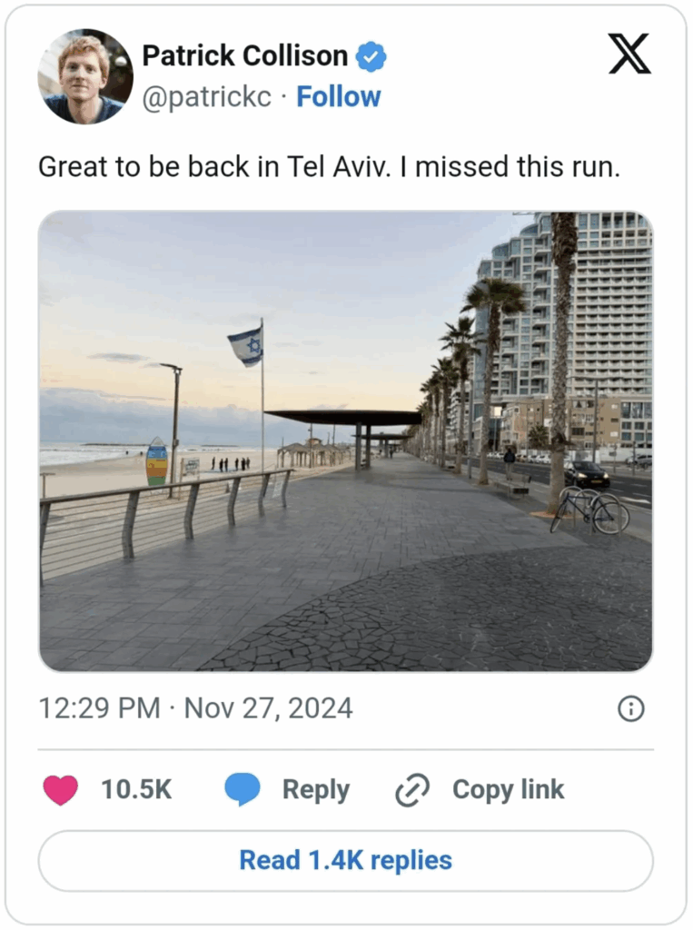 Patrick Collison 'enjoying' Tel Aviv.